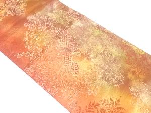 孔雀に花唐草模様織り出し　袋帯